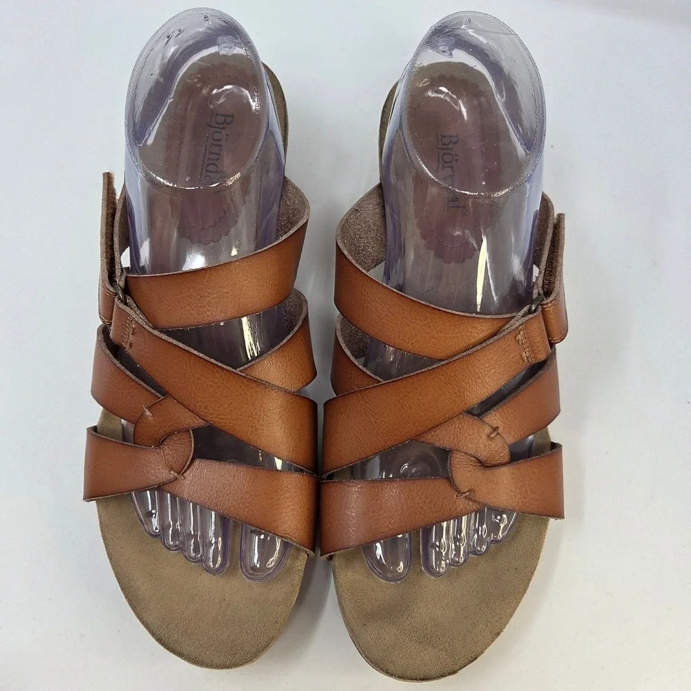 Bjorndal Womens Tan Cognac Strappy Cork Wedge Sandals Hook Loop Closure Size 10